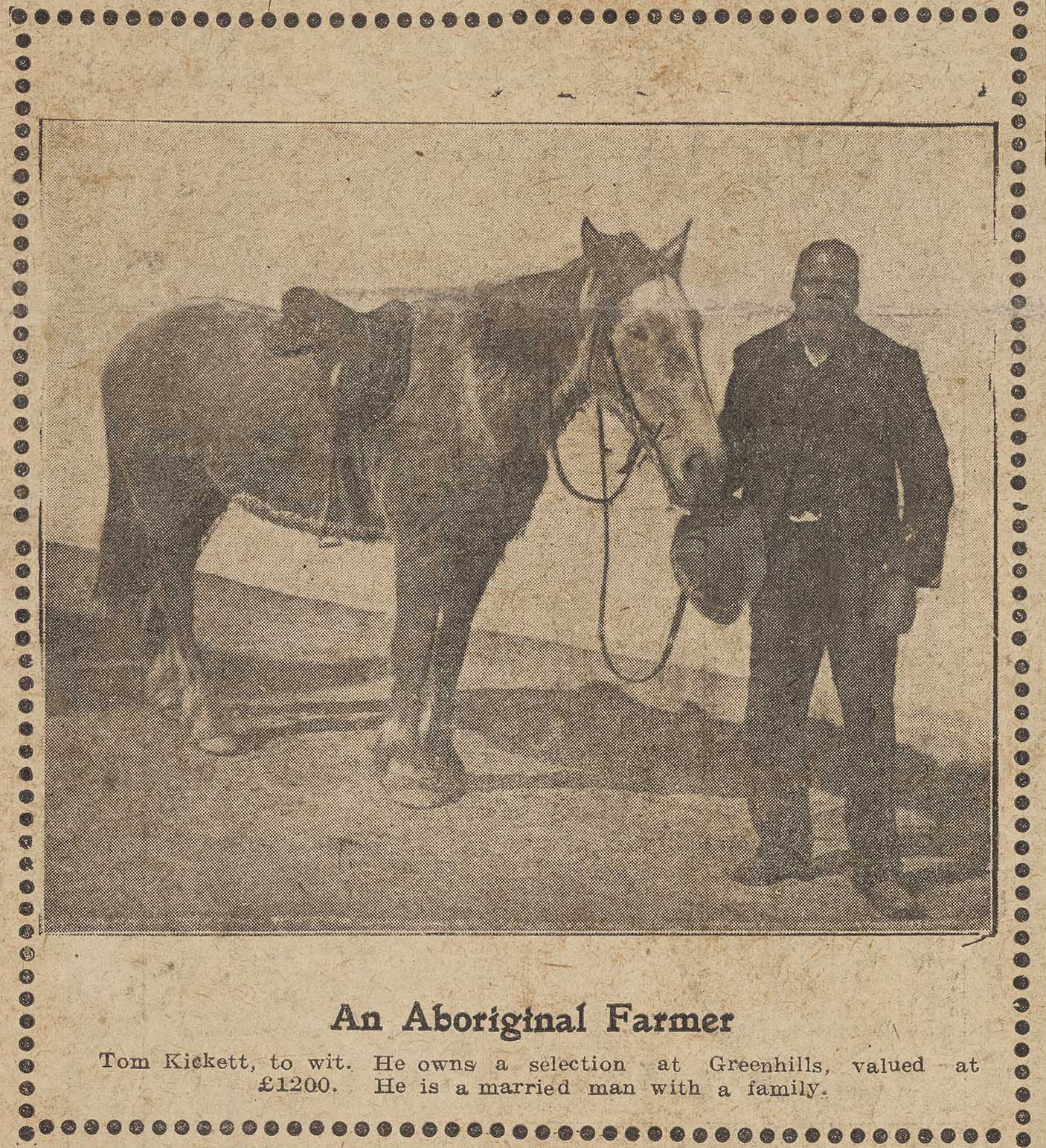 A newspaper clipping showing Tom Kickett and a horse.