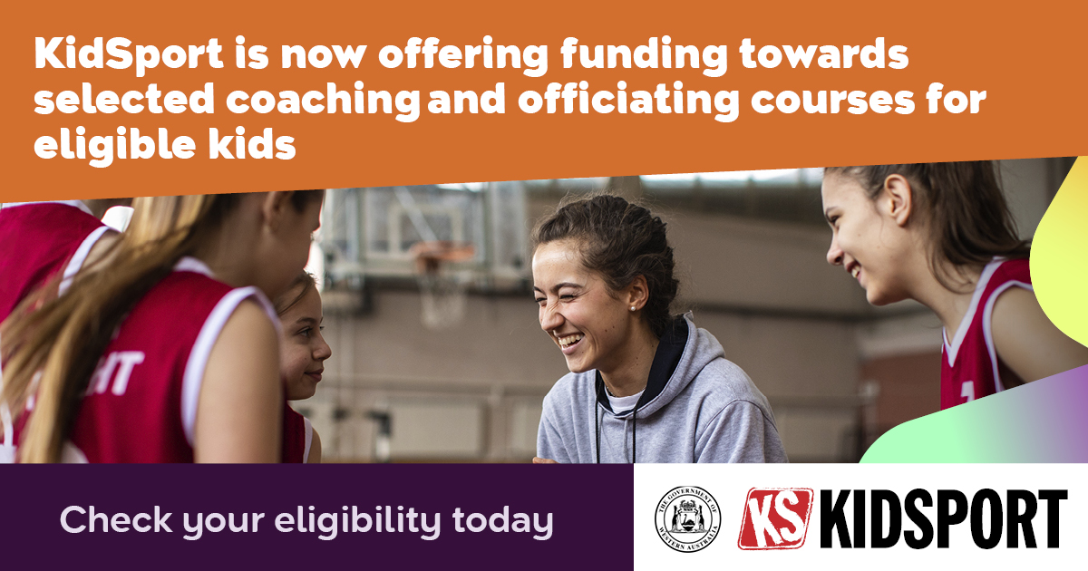 A young coach with some players with the text, 'KidSport is now offering funding towards selected coaching and officiating courses for eligible kids.'