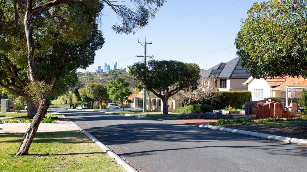 Local streetscape in Perth with the CBD in the distance