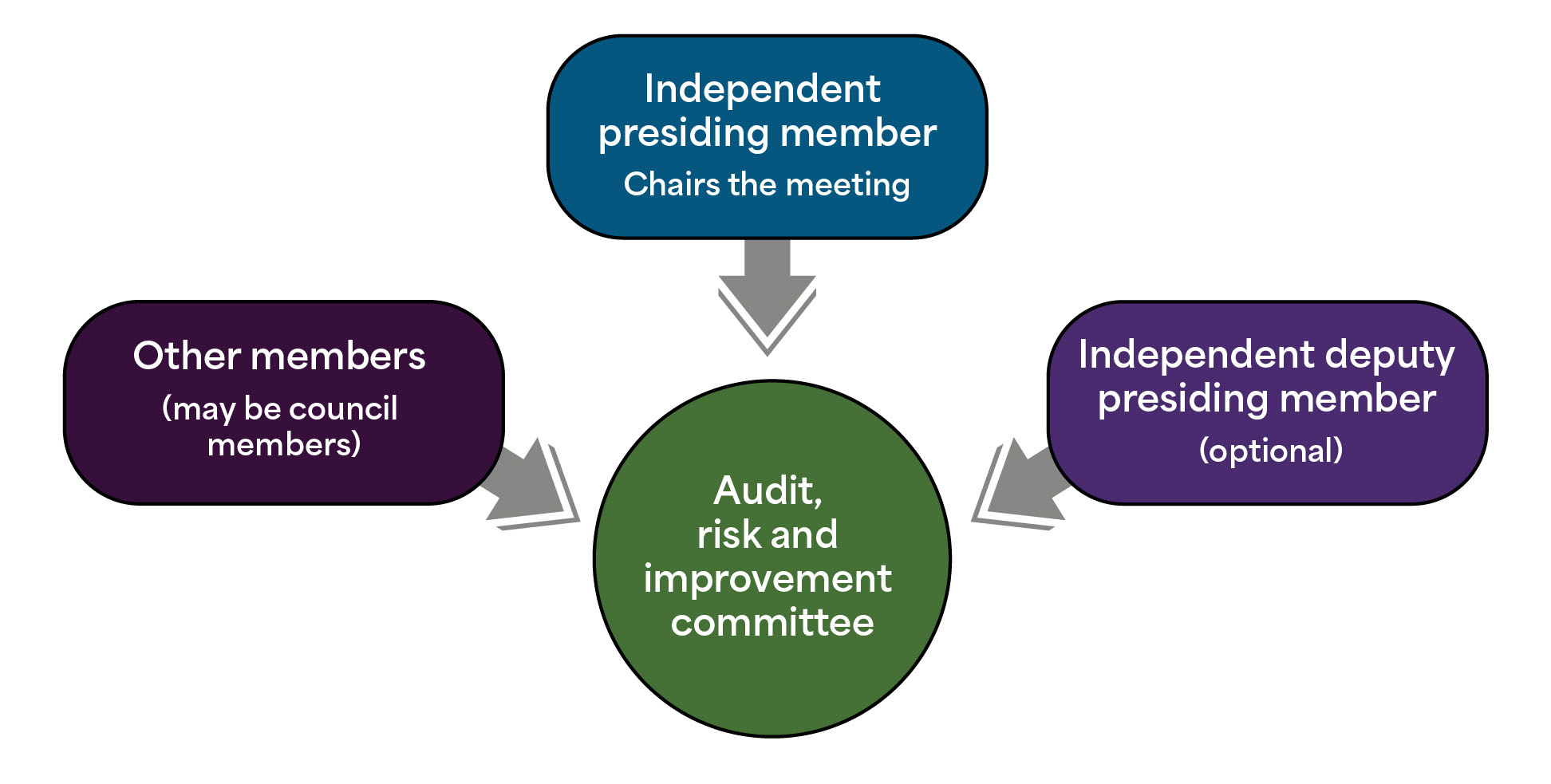 Audit, risk and improvement committee model diagram showing the independent presiding member, independent deputy presiding member and other members