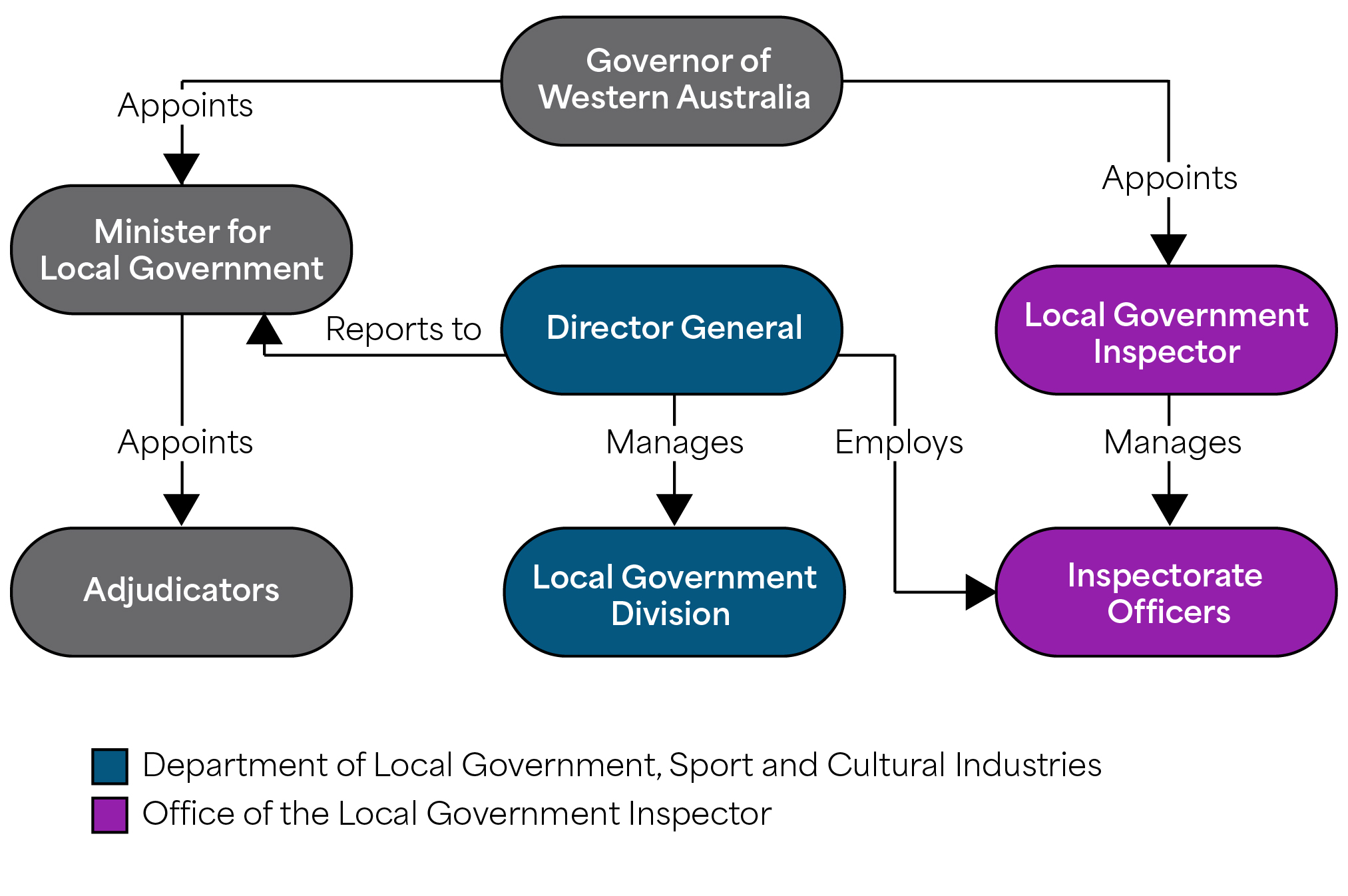 A diagram explaining the proposed reporting structure and relationships for the Local Government Inspector and monitors 