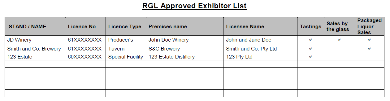 Exhibitor spreadsheet example